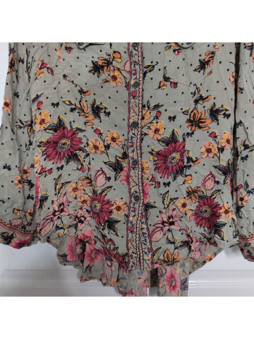 Lola P Floral Shirt Womens Size Large Green Boho Roll Tab Sleeves Button Front - Picture 6 of 12